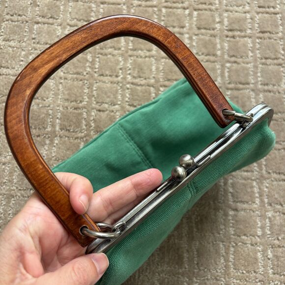 Fossil Fabric Top Clasp Purse Bag Green Pouch Wooden Handle VTG Boho Y2K - Picture 4 of 12